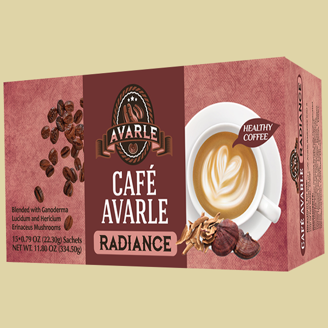 Cafe Avarle Radiance Coffee with Collagen, Ganoderma, Lion's Mane, Kacip Fatima - Creamer, Sugar, Xylitol - (15 pk/box) Single - Click Image to Close