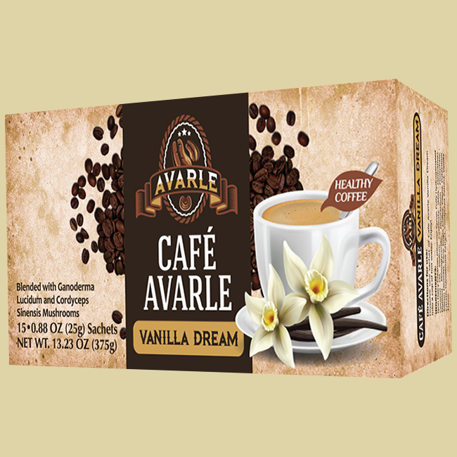 Cafe Avarle Vanilla Dream Coffee with Ganoderma and Cordyceps - Creamer, Cane Sugar, Vanilla, and Cocoa - (15 pk/box) Single - Click Image to Close